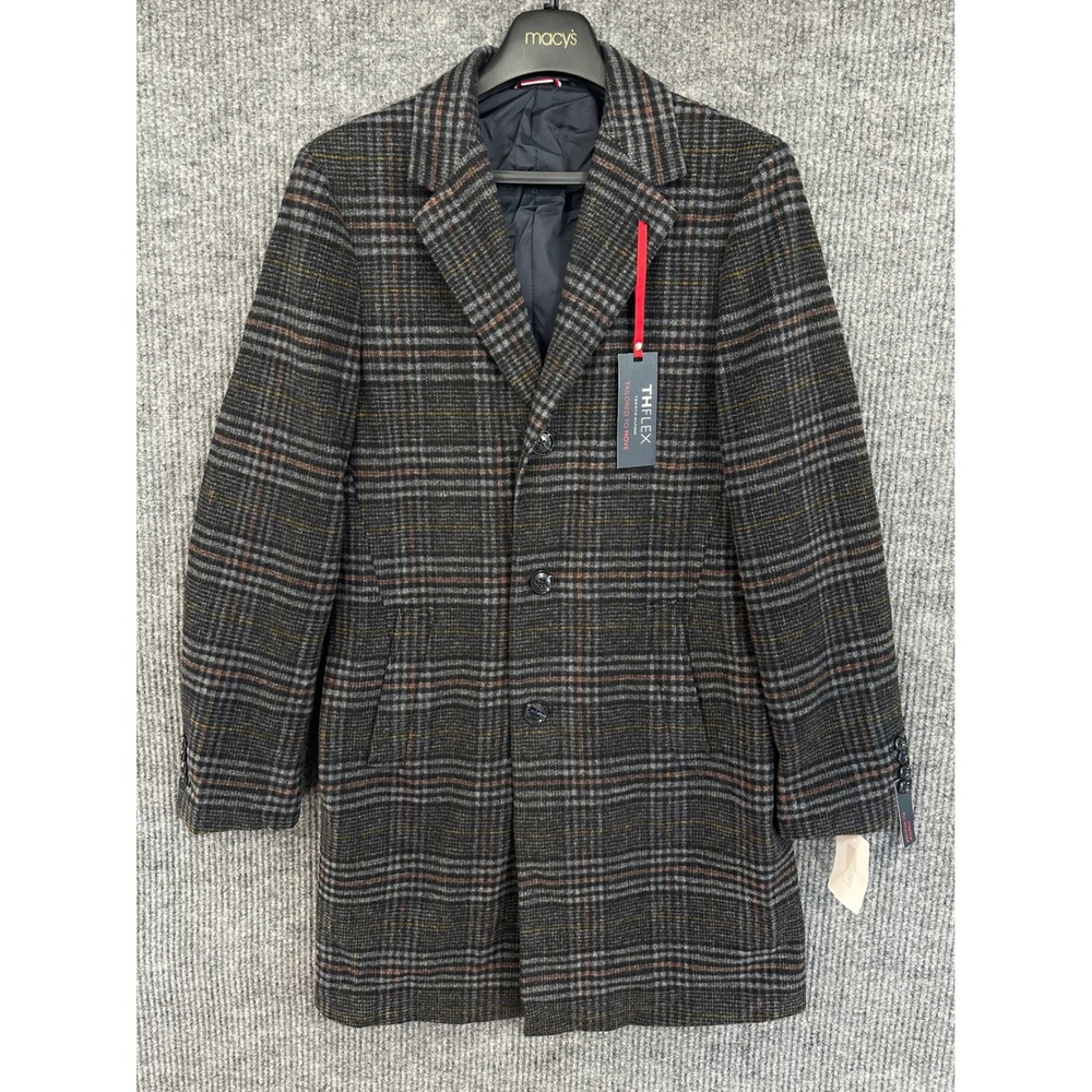 Tommy Hilfiger Overcoat Mens 36R Multi Plaid NEW THFlex Addison Wool Blend Coat